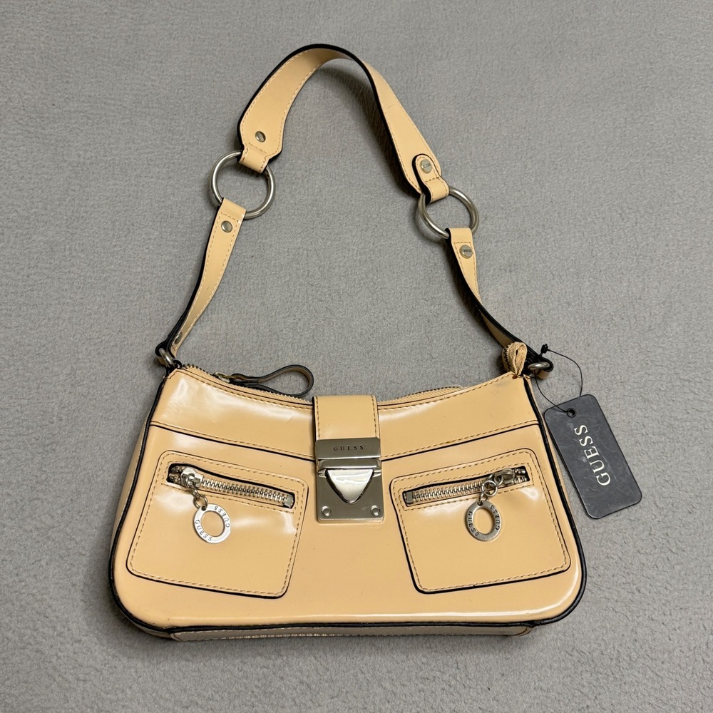 Guess Shoulder Bag Womens Tan Patent Faux Leather Y2K Baguette Small Pocket Mini - Picture 1 of 12